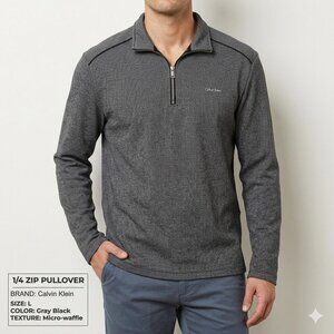 Calvin Klein Men’s Large Gray Black 1/4 Zip Pullover Sweater EUC Cotton Blend